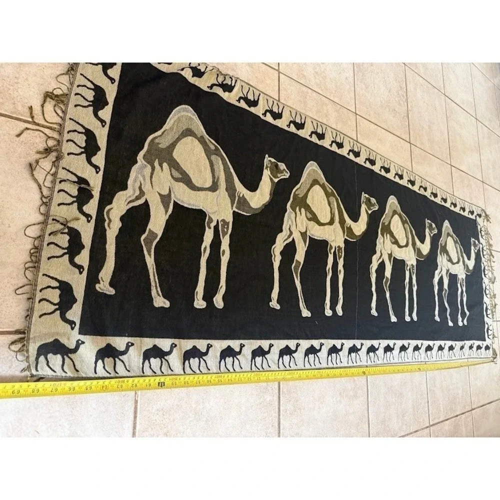 Woven Camel Tapestry Wall Hanging Desert Motif Fringe Textile Black Tan Cashmere